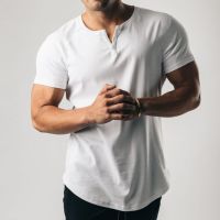 Mens Short Sleeve Henley T-Shirt Summer Fashion Slim Fit Muscle Tees Sports Casual Gym Fitness Breathable Solid Color Tops Homme