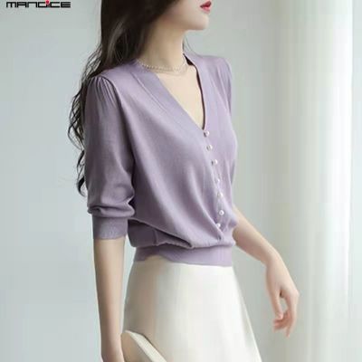 ♛♤❂ Mandice Top Womens Niche Temperament Elegant Purple V-Neck Thin Style Knitwear Summer Half-Sleeved T-Shirt ME9171