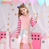 DXTON Girl Cotton Straight Dresses Kids Licorne Vestidos Girls Autumn Winter Long Sleeve Casual Dress Kids Hoody Striped Dresses