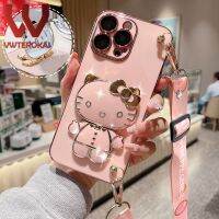 VWTEROKAI เคสโทรศัพท์ที่ใส่ขาตั้งกระจกเครื่องสำอาง Hello Kitty 3D น่ารักแฟชั่นสำหรับ Huawei โนวา3i 5i 5T 7i โนวา6SE โนวา9 Se Nova 3 Nova 8 Nova 7 SE Nova 8i 8 Pro Nova 10 Nova 10 Pro ปลอกหลังซิลิโคนนุ่มชุบทองเรียบ + สายคล้อง