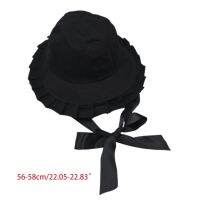 Women Sweet Ruffles Wide Brim Bucket Hat with Long Ribbon Lolita Fisherman Cap