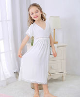 Girl sleepwear Clothing 6 8 10Year Girls White V Collar Cotton Long Sleepwear Dress baby girl clothes Summer Lace Nightgown