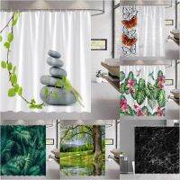 Summer Tropical Forest Landscape Shower Curtains Set Green Palm Leaf Marble Zen Home Decor Bathroom Curtain Bath Screens Hooks