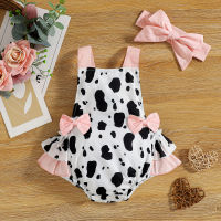 น่ารักเด็กทารกหญิงฤดูร้อน Rompers วัววัวจุดพิมพ์ Bowknot Rompers Jumpsuits Headband Sunsuits Clothes