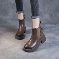 Spot parcel post Womens Leather Chelsea Boots 2022 Autumn and Winter New Fashion All-Match Mid-Calf British Style Calfskin e Tube Boots Shoes