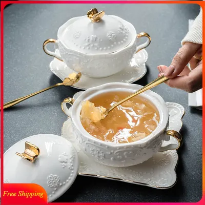 European-style Dessert Small Tableware Embossed Soup Cup with Lid Ceramic Bowl Stew Cup Creative Household Health Bowl Dish Set