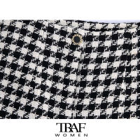 TRAF Women Fashion Houndstooth Tweed Bermuda Shorts Vintage High Waist Zipper Fly Female Short Pants Mujer