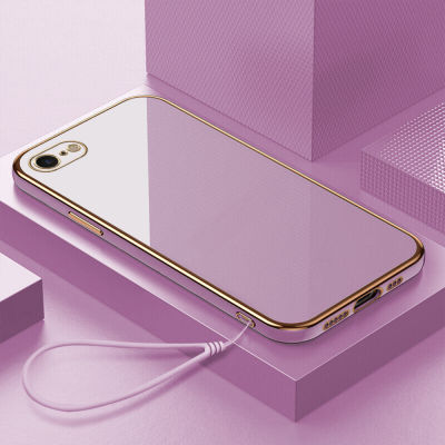 (คลังสินค้าพร้อม) เคสเคสมือถือสำหรับ iPhone 7 / iPhone 8พร้อมฟรีสายคล้อง + สีทึบเรียบง่ายชุบขอบสี่เหลี่ยมฝาหลังนิ่ม