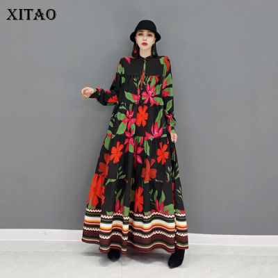 XITAO Dress Retro Fashion Long Sleeved Standing Collar Pleated Casual  Printed Dress