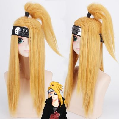 Anime Akactuki Cosplay Wig Halloween Deidara Cosplay Wig for Men Women Kids Long Gold Wigs Hairpiece Costume Cosplay Prop