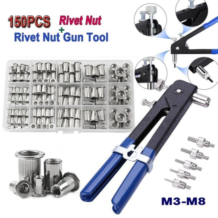 150pcs-m3-m8-aluminum-rivet-nuts-knurled-riveting-nuts-flat-head-threaded-riveting-insert-nutsert-cap-with-1pc-rivetgun