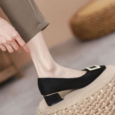 ❇✘❃ 2023 Autumn New Soft Sole Pointed Toe Thick Heel Single Shoes Womens Versatile Beanie Shoes Shallow Mouth Fairy Evening Breeze Gentle Shoes