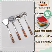 Set Vá đặc, Vá lỗ, Xẻng đặc , Xẻng lỗ inox Bam House cán nhựa hoạ tiết gỗ