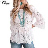 Celmia เสื้อเบลาส์แขน 3/4 ผ้าฝ้าย แต่งลูกไม้ หรูหรา สําหรับผู้หญิง 9133