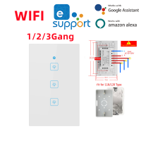 Jiuch US สวิตช์อัจฉริยะแบบไร้สายแอป EWeLink รุ่น120 90-250V พร้อม RF ฟังก์ชั่นรีโมทคอนโทรล1/2/3Gang Switch EWeLink APP ควบคุมด้วยเสียงด้วยฟังก์ชั่นจับเวลาอันทรงพลังทำงานร่วมกับ Amazon Alexa