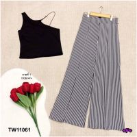 TW11061    Set 2 ชิ้น เสื้อสายเดี่ยว 1 ข้าง + กางเกงริ้วขายาว   **สอบถามก่อนสั่งซื้อ**