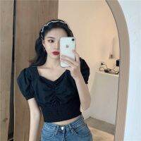 Crop tops 棉2020夏新款chic韩版泡泡袖方领褶皱收腰短款短袖露脐衬衫女上衣