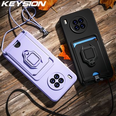 「Enjoy electronic」 KEYSION Shockproof Case for Honor 50 Lite Liquid Silicone Card Slot Bag Lanyard Ring Stand Phone Back Cover for Huawei Nova 8i