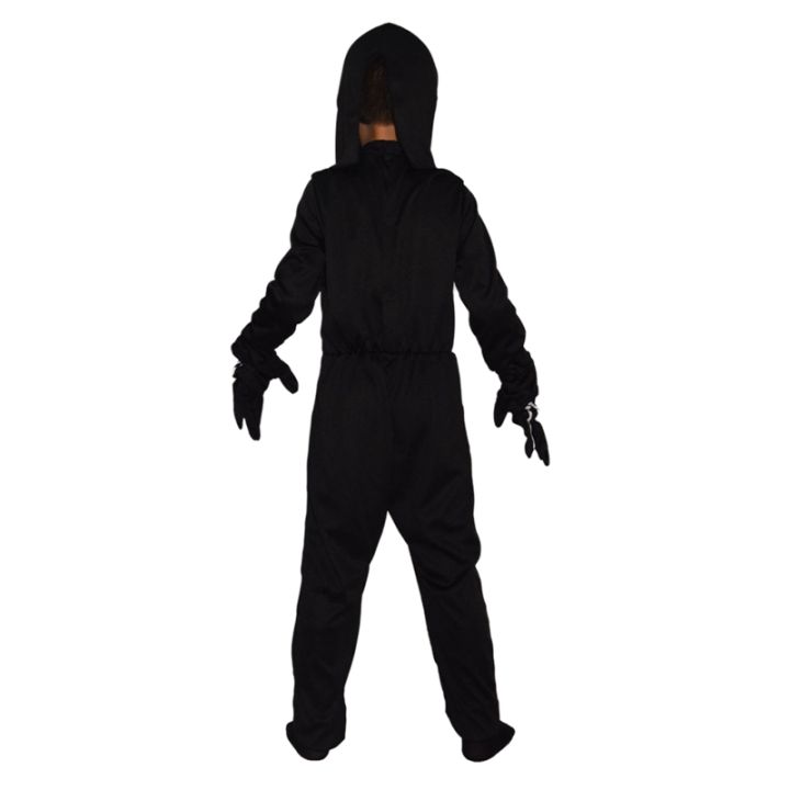 จั๊มสูทผ้าโพกศีรษะและถุงมือสำหรับเด็กชุดเสื้อผ้าเล่นชุดโครงกระดูกแขนยาวสีดำสำหรับเด็กฮาโลวีน