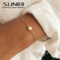 SUNIBI Stainless Steel Bracelet for Women Sea Shell Simulated-Pearl Ultra Thin Chain Link Charm Bracelet Jewelry Wholesale