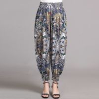 【มีไซส์ใหญ่】Plus Size Womens Elastic Waist Pants Casual Floral Printed Vintage Female Trousers