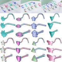 AOEDEJ 20G Colorful Nose Studs Pink Purple Nostril Piercing Jewelry Flower Heart Nose Stud Stainless Steel Body Piercing Jewelry