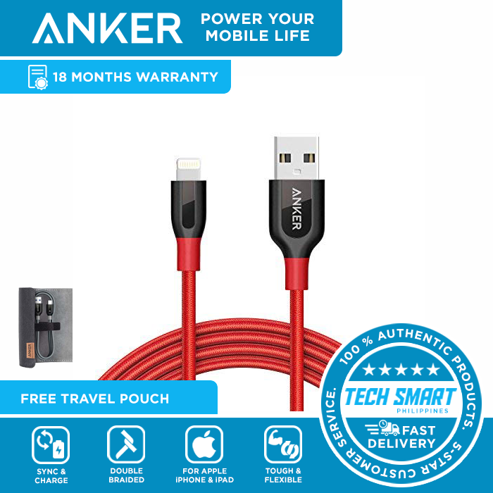 Anker PowerLine Lightning Cable (6ft) With Pouch Double Nylon Ided Fast ...