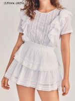 ❣✤㍿ n4rn Vestido swing manga curta feminino branco fino elástico na cintura mini vestidos para bolo buraco oco renda temperada bainha de babados verão 2022