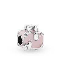 Fit Pandora Pink Enamel Suitcase Charms Bracelet Women Heart Love Travel Bag Trunk Beads for Jewelry Making Fine Accessories DIY