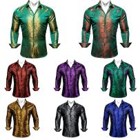 ZZOOI Luxury Silk Men Shirts Red Blue Green Purple Gold Black Regular Slim Fit Embroidered Printed Paisley Casual Long Sleeve Blouse