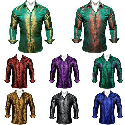 ZZOOI Luxury Silk Men Shirts Red Blue Green Purple Gold Black Regular Slim Fit Embroidered Printed Paisley Casual Long Sleeve Blouse