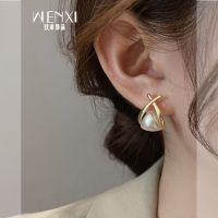 2023 Genuine  Korean metallic cross pearl earrings high-end and atmospheric earrings light luxury niche earrings earrings for women 2023 foreign style