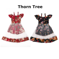 Thorn Tree เด็กสาวดอกไม้ชุดพิมพ์ลายไร้แขนไหล่ Jumpsuit ผ้าพันคอ Sheer Ruffle เรือคอ Sundress