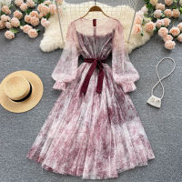 Gorgeous and Elegant French Retro Puff Sleeves Super Fairy Temperament Dress Female Lace Slim Mesh Print Sweet First Love A-line Skirt