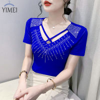 YIMEI เสื้อตาข่ายคอวีแฟชั่นสำหรับผู้หญิง,เสื้อยืดสตรีแฟชั่น2023ฤดูร้อนประดับเพชรเหล็กกลวงเข้ารูปพอดีอเนกประสงค์สวยงาม