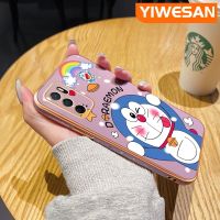 YIWESAN เคสสำหรับ OPPO A16 A16s A54s,เคสดีไซน์ใหม่สี่เหลี่ยมขอบโดราเอมอนน่ารักสีรุ้งเคสบางเคสมือถือชุบลวดลายกล้องฝาปิดเลนส์เต็มปกป้องเคสนิ่มกันกระแทก