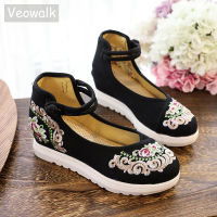 Veowalk High End ดอกไม้ปักผู้หญิงผ้าใบแบนแพลตฟอร์มกลางสายรัดข้อเท้าสไตล์จีนสุภาพสตรี Casual Denim Shoes