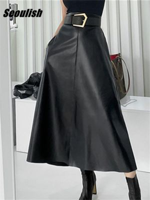Seoulish Classic Black Faux PU Leather Long Skirts with Belted 2022 New High Waist Umbrella Skirts Ladies Female Autumn Winter
