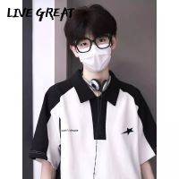 ⊙□ LIVE GREAT ผู้ชายเสื้อโปโลคมชัดสีเย็บสั้น-แขนย้อนยุคอเมริกันฤดูร้อนปกสไตล์วิทยาลัยหนักคู่ด้านบน