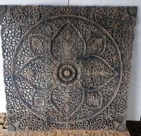 Mandala Wood Carving Panel 36 x 36 inches Black Wash Wood Carved Plaque  Wooden Panel ไม้แกะสลัก 3ฟุต สีดำล้างทำเก่าไม้ฉลุ