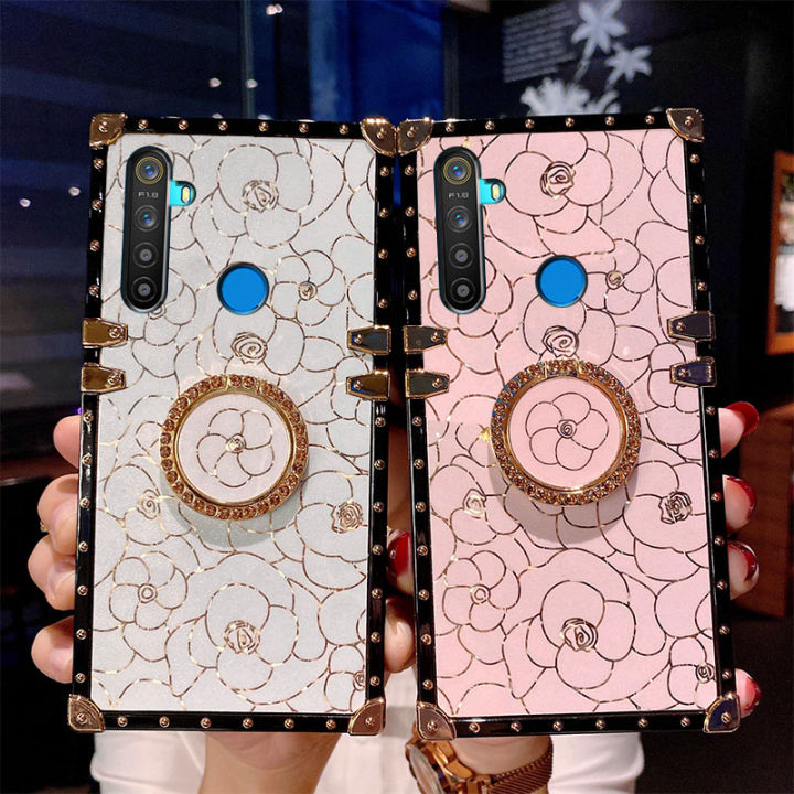 jiefie-rose-flower-square-เคสโทรศัพท์สำหรับ-realme-5-5i-6i-7i-5s-5-pro-6-6-7-7-pro-หรูหราชุบโครเมี่ยม-golden-light-tpu-พร้อมขาตั้งแหวน