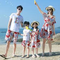 Family Matching Outfits 2022 Summer Beach Mother Daughter Floral Dresses Dad Son Cotton T-shirt &amp; Shorts Seaside Couple Outfit