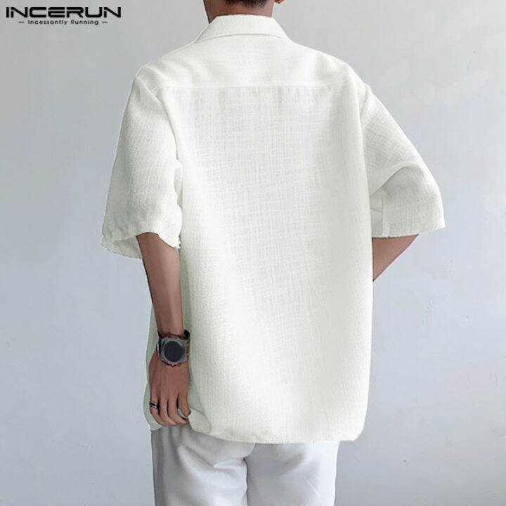 incerun-เสื้อผู้ชายแขนสั้นมีกระดุมแบบเรียบ-เสื้อคอปกลำลอง-สไตล์เกาหลี