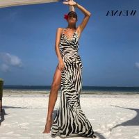 COD DSFGRDGHHHHH WEANIA Sexy Beach Halter Zebra Backs High Split Backless Long Dress