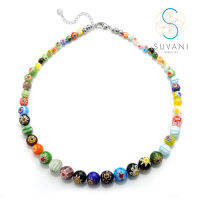 Suvani Jewelry - เงินแท้ 92.5% สร้อยคอที่ทำจากแก้วมูราโน่ Millefiori สีสันสดใส ลายดอกไม้ สร้อยคอแฮนเมด