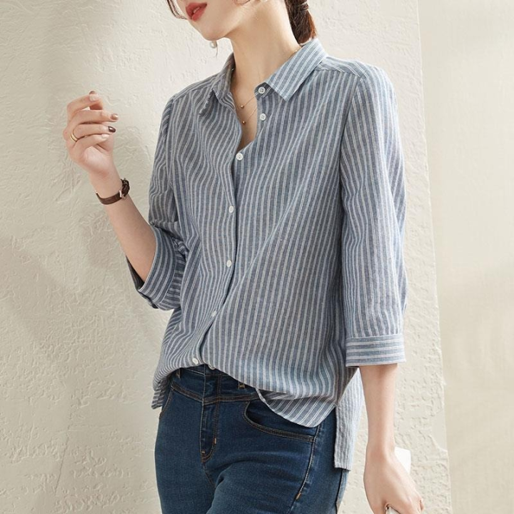 Women Casual Shirt Cotton Top Ladies Stripe Blouse Korean Style Blue 3/ ...