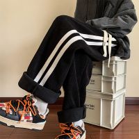 [COD] Cotton velvet embroidery plus mens casual trousers loose striped autumn and winter thickened