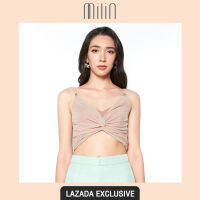 [EXCLUSIVE] [MILIN] M logo front twist spaghetti strap v neck crop top เสื้อสายเดี่ยว โลโก้ M ทรงครอป คอวี ดีเทลบิดด้านหน้า Saab Top สีเบจ/ สีนู้ดน้ำตาล Ivory Beige/ Nude Brown