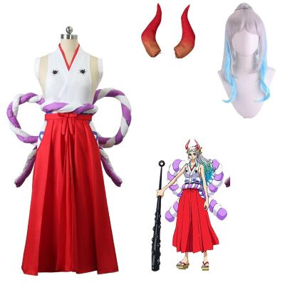 Japanese Anime Yamato Cosplay Costume Wig One Hakama Kendo Samurai Kimono Dress Women 6 Pieces Suit Carnival Party Clothes Set