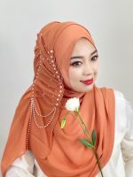 Tudung ฮิญาบประดับลูกปัดฮิญาบสีทึบอาหรับฮิญาบฮิญาบของชาวมุสลิมผ้าพันคอที่รัดศีรษะชุดฮิจาบแบบดูไบเพื่อสวมใส่ได้ง่าย